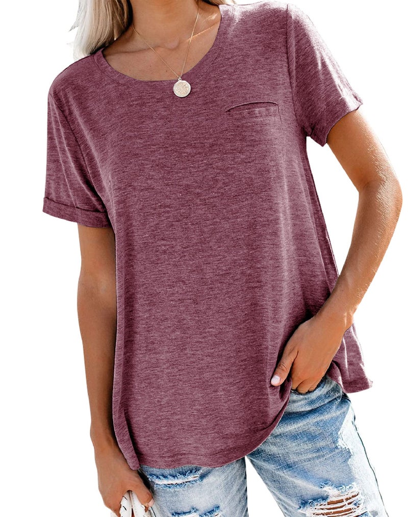 Bingerlily Women's Roll Up Short Sleeve T Shirts Summer Crew Neck Tops Loose Causal Tees with Pocket Wine Red - Image 1